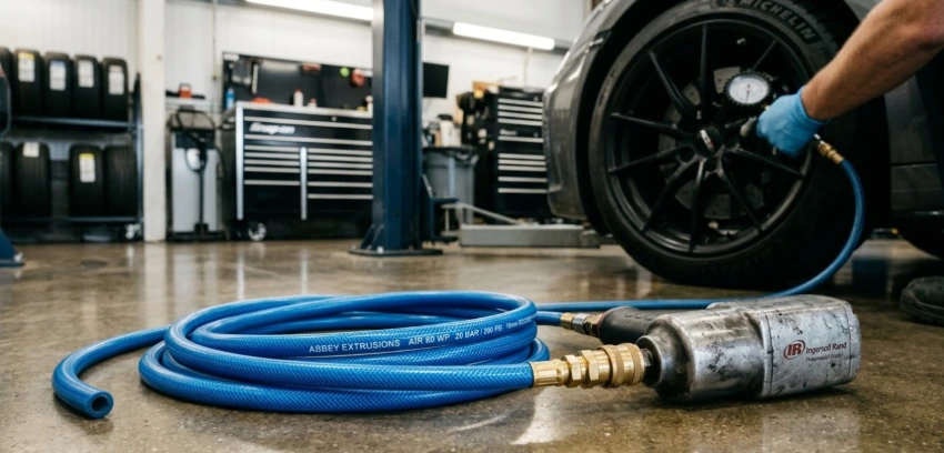 Air hose connected in a workshop