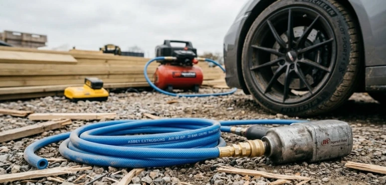 Air hose connected to outside compressor