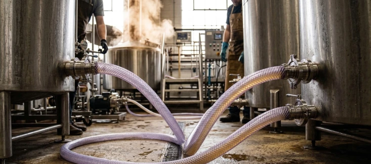Brewery hose connected to 2 tanks